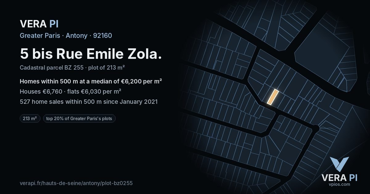 5 bis Rue Emile Zola, Antony at night – the plot lit, the parcels around coloured by the prices near them