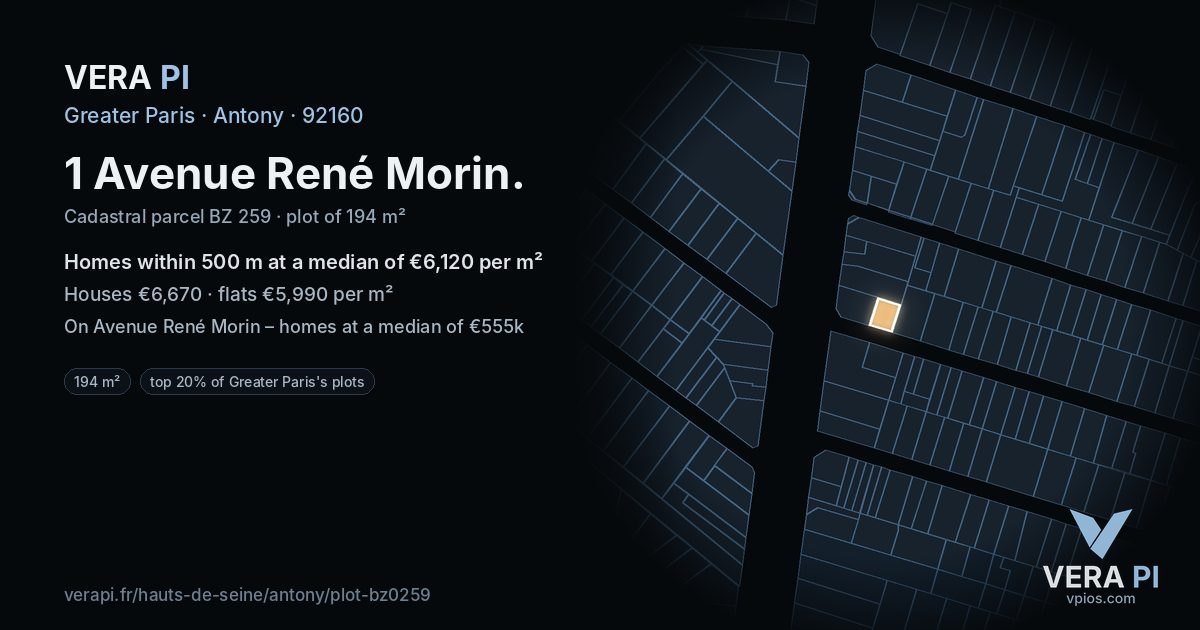 1 Avenue René Morin, Antony at night – the plot lit, the parcels around coloured by the prices near them