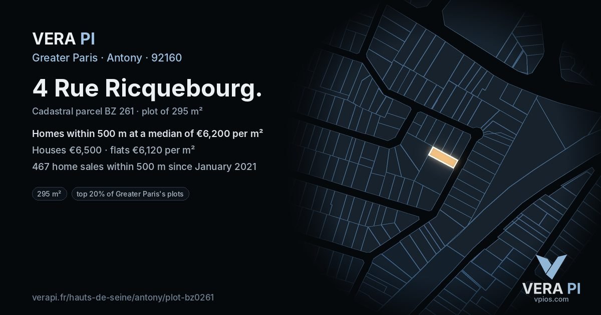 4 Rue Ricquebourg, Antony at night – the plot lit, the parcels around coloured by the prices near them