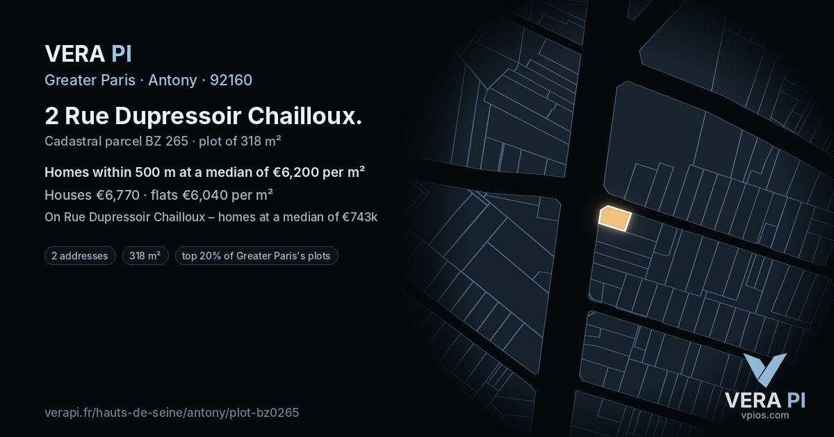 2 Rue Dupressoir Chailloux, Antony at night – the plot lit, the parcels around coloured by the prices near them