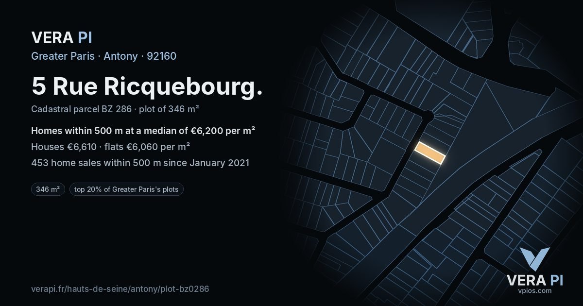 5 Rue Ricquebourg, Antony at night – the plot lit, the parcels around coloured by the prices near them