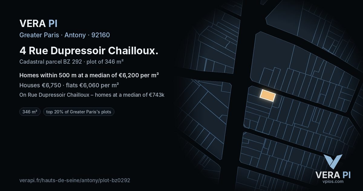 4 Rue Dupressoir Chailloux, Antony at night – the plot lit, the parcels around coloured by the prices near them