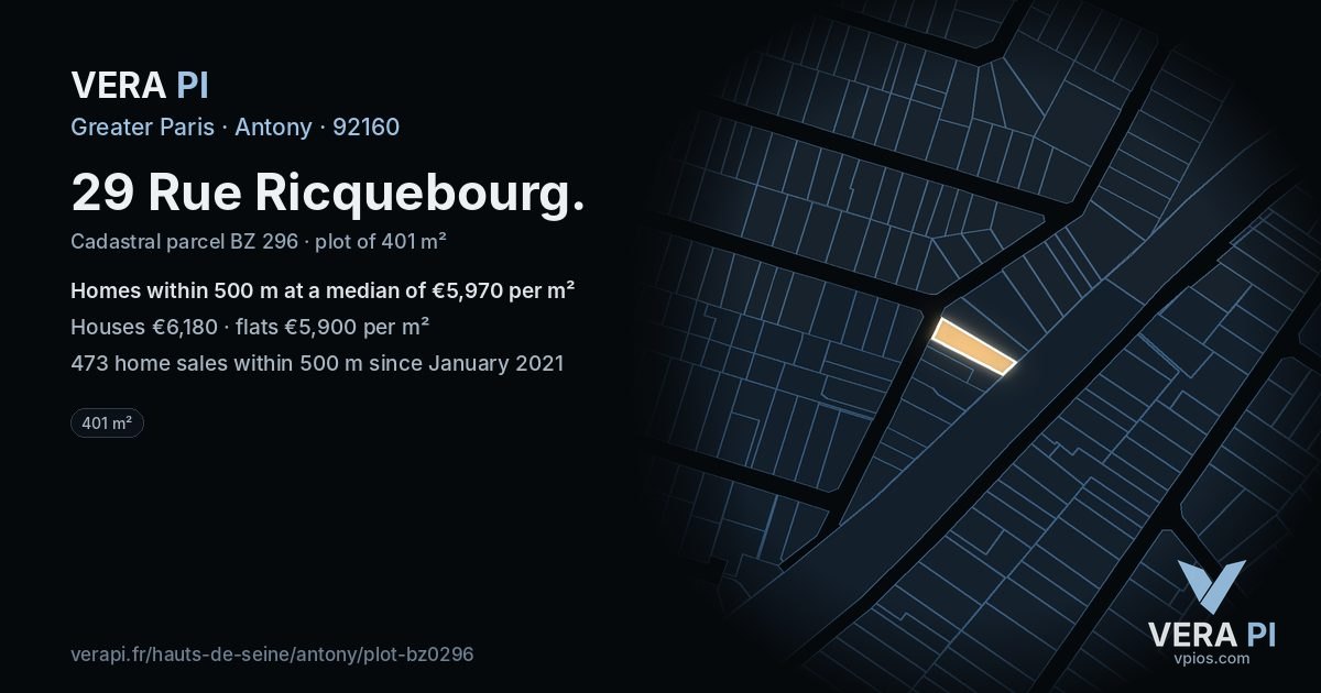 29 Rue Ricquebourg, Antony at night – the plot lit, the parcels around coloured by the prices near them