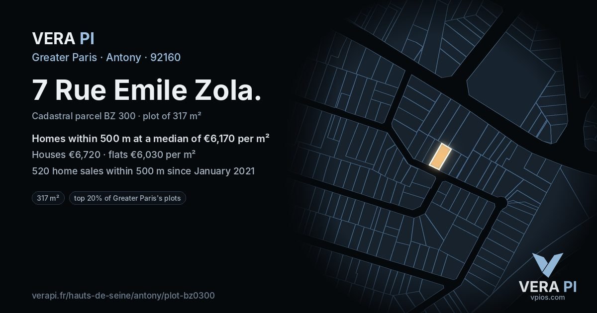7 Rue Emile Zola, Antony at night – the plot lit, the parcels around coloured by the prices near them