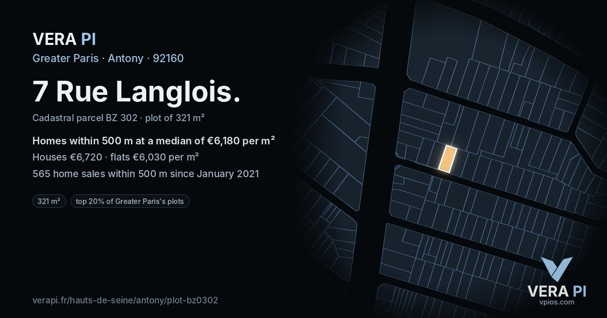 7 Rue Langlois, Antony at night – the plot lit, the parcels around coloured by the prices near them