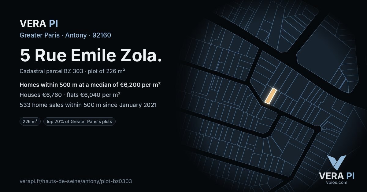 5 Rue Emile Zola, Antony at night – the plot lit, the parcels around coloured by the prices near them