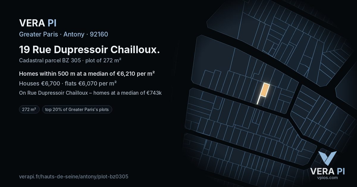 19 Rue Dupressoir Chailloux, Antony at night – the plot lit, the parcels around coloured by the prices near them