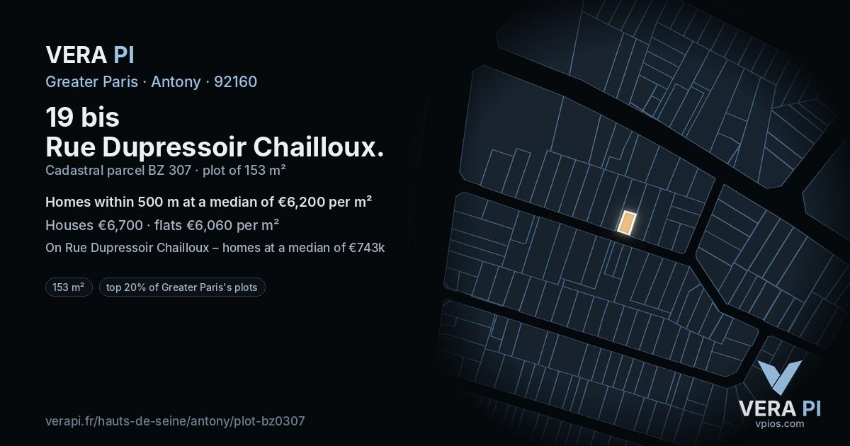 19 bis Rue Dupressoir Chailloux, Antony at night – the plot lit, the parcels around coloured by the prices near them