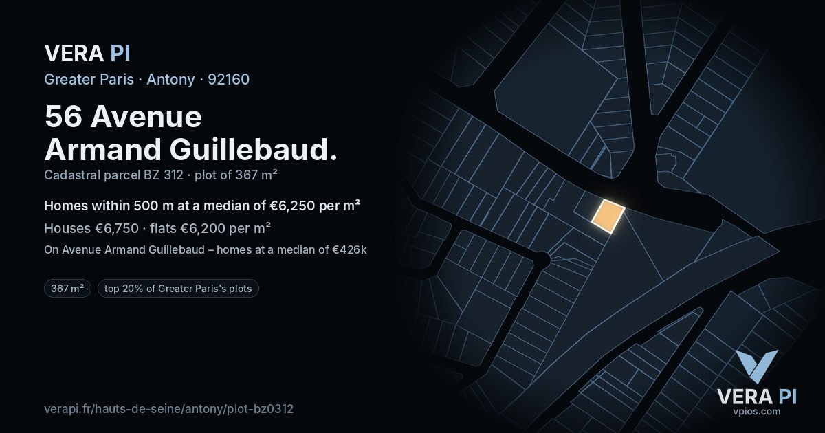 56 Avenue Armand Guillebaud, Antony at night – the plot lit, the parcels around coloured by the prices near them