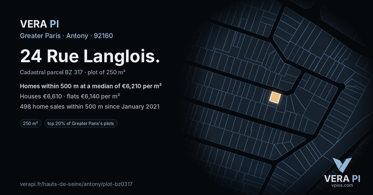 24 Rue Langlois, Antony at night – the plot lit, the parcels around coloured by the prices near them