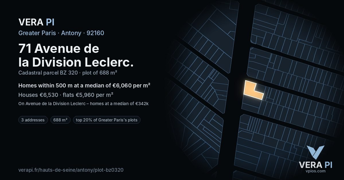71 Avenue de la Division Leclerc, Antony at night – the plot lit, the parcels around coloured by the prices near them