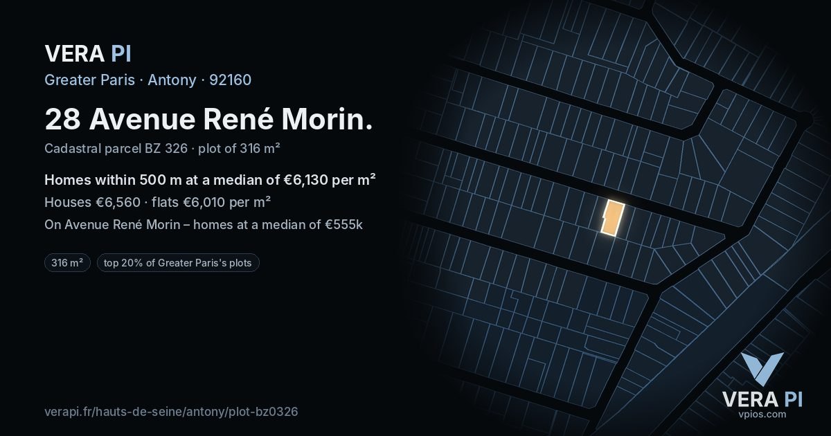 28 Avenue René Morin, Antony at night – the plot lit, the parcels around coloured by the prices near them