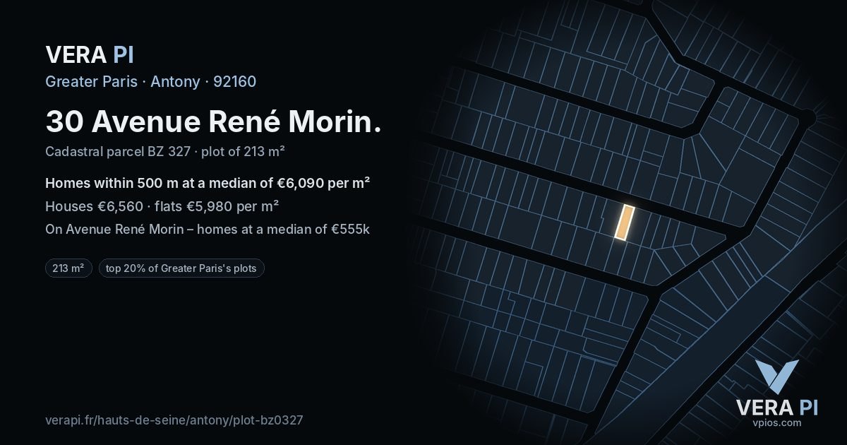 30 Avenue René Morin, Antony at night – the plot lit, the parcels around coloured by the prices near them