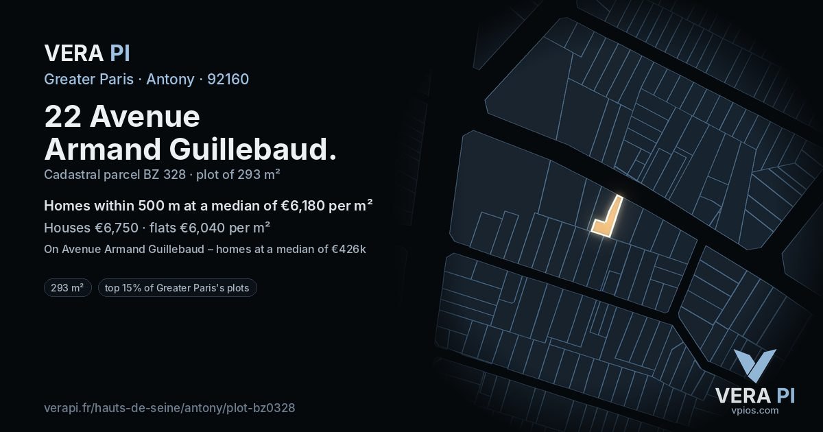 22 Avenue Armand Guillebaud, Antony at night – the plot lit, the parcels around coloured by the prices near them