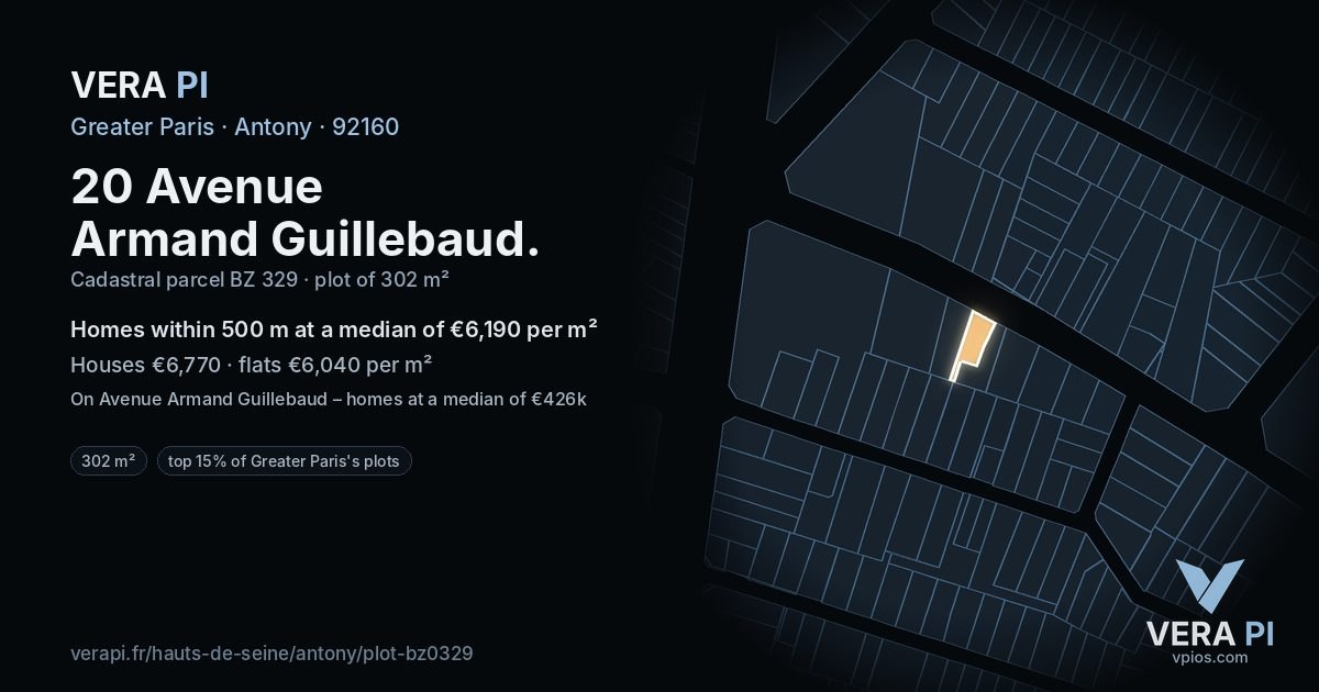 20 Avenue Armand Guillebaud, Antony at night – the plot lit, the parcels around coloured by the prices near them
