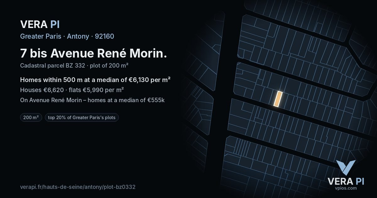 7 bis Avenue René Morin, Antony at night – the plot lit, the parcels around coloured by the prices near them