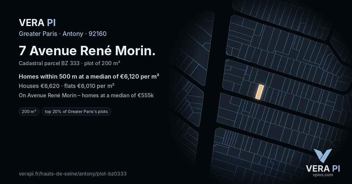 7 Avenue René Morin, Antony at night – the plot lit, the parcels around coloured by the prices near them