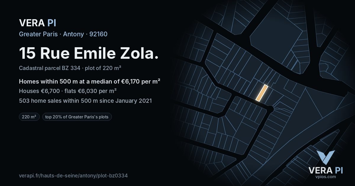 15 Rue Emile Zola, Antony at night – the plot lit, the parcels around coloured by the prices near them