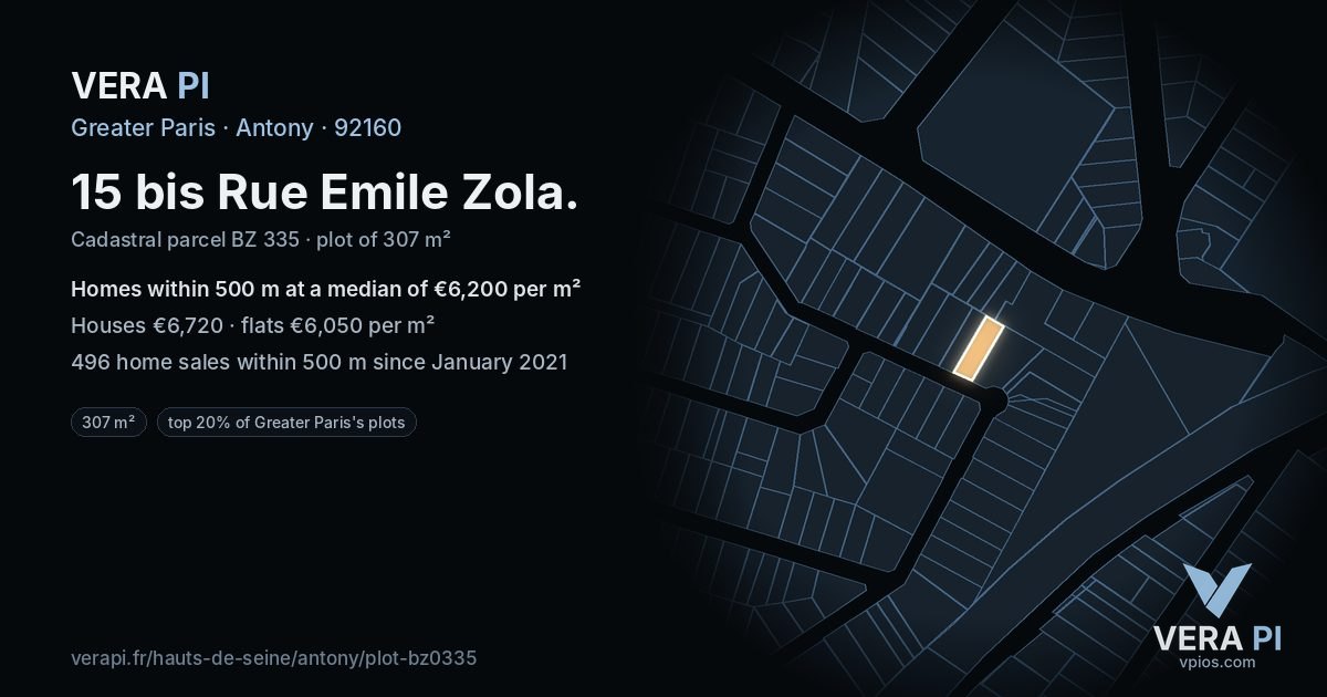 15 bis Rue Emile Zola, Antony at night – the plot lit, the parcels around coloured by the prices near them