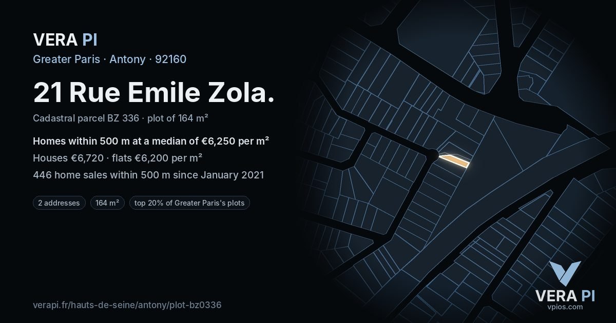 21 Rue Emile Zola, Antony at night – the plot lit, the parcels around coloured by the prices near them