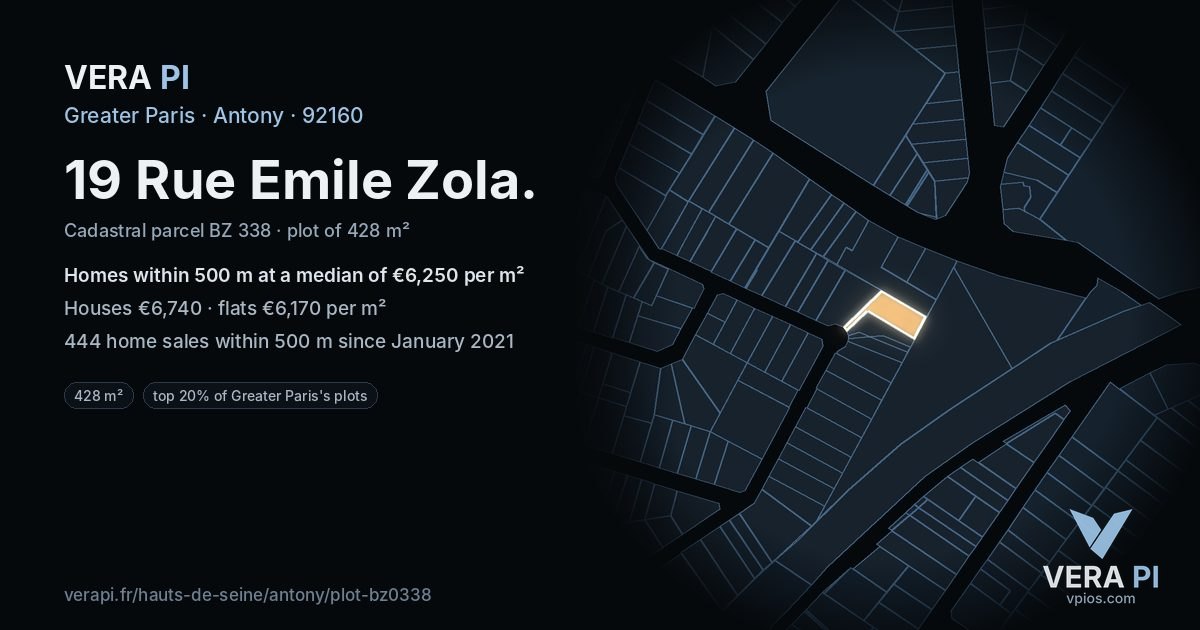 19 Rue Emile Zola, Antony at night – the plot lit, the parcels around coloured by the prices near them