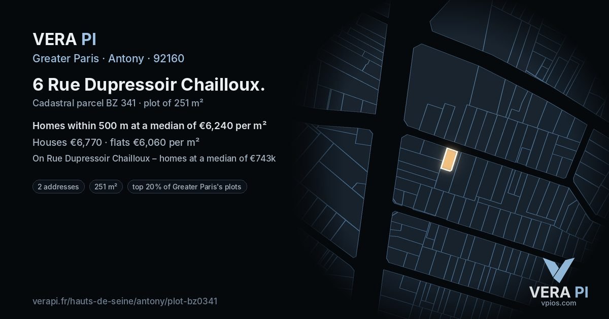 6 Rue Dupressoir Chailloux, Antony at night – the plot lit, the parcels around coloured by the prices near them