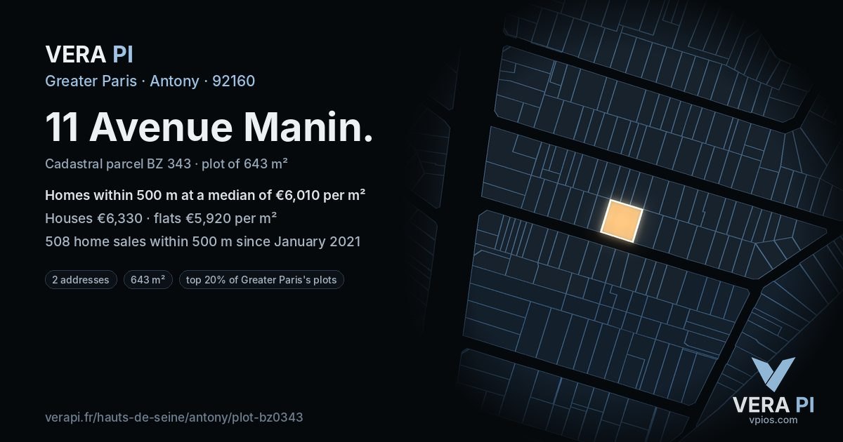 11 Avenue Manin, Antony at night – the plot lit, the parcels around coloured by the prices near them