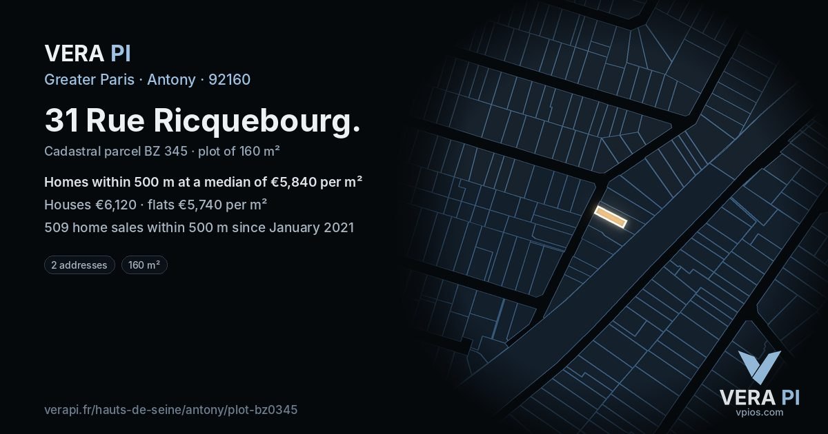 31 Rue Ricquebourg, Antony at night – the plot lit, the parcels around coloured by the prices near them