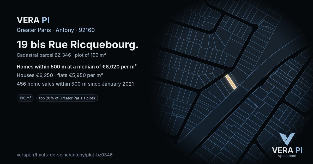 19 bis Rue Ricquebourg, Antony at night – the plot lit, the parcels around coloured by the prices near them