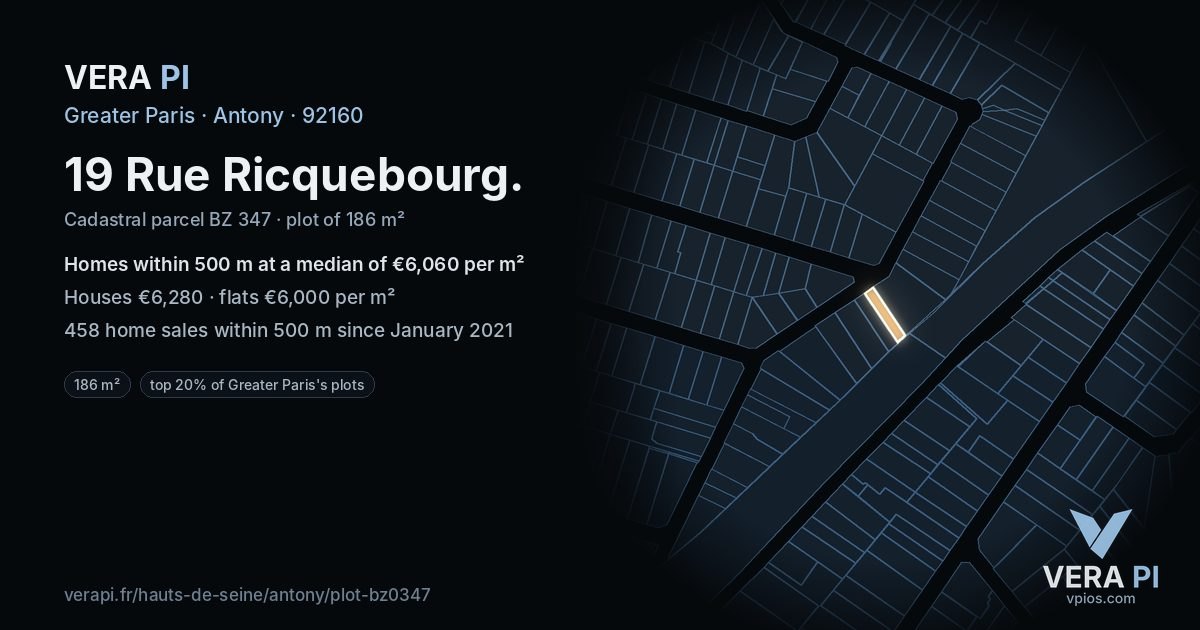 19 Rue Ricquebourg, Antony at night – the plot lit, the parcels around coloured by the prices near them