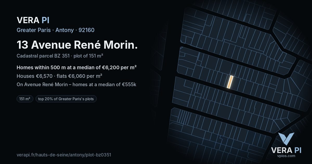 13 Avenue René Morin, Antony at night – the plot lit, the parcels around coloured by the prices near them