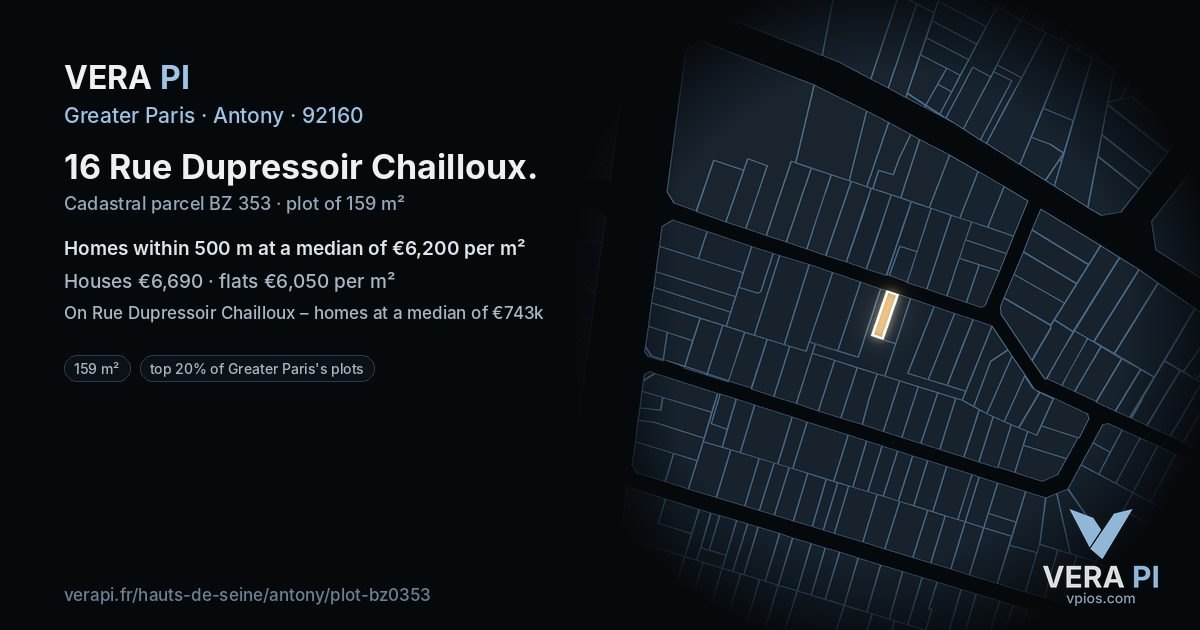 16 Rue Dupressoir Chailloux, Antony at night – the plot lit, the parcels around coloured by the prices near them