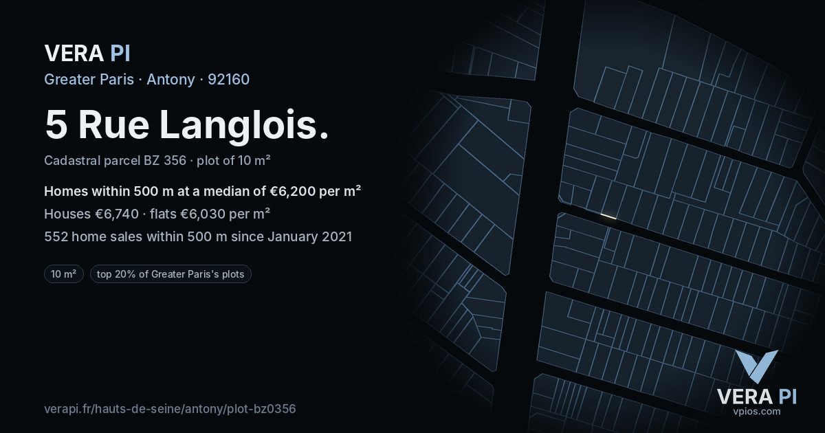 5 Rue Langlois, Antony at night – the plot lit, the parcels around coloured by the prices near them