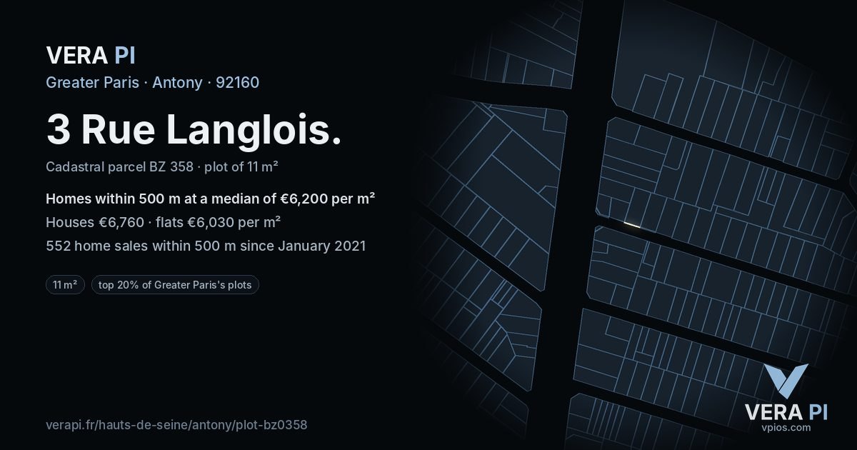 3 Rue Langlois, Antony at night – the plot lit, the parcels around coloured by the prices near them