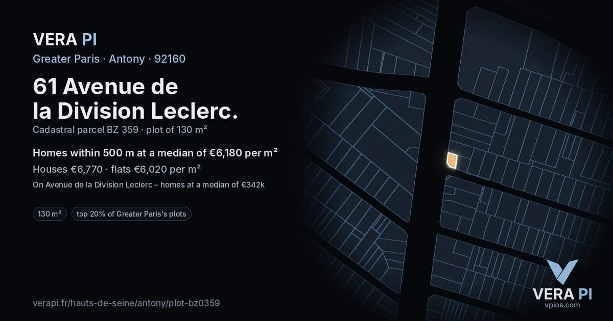 61 Avenue de la Division Leclerc, Antony at night – the plot lit, the parcels around coloured by the prices near them