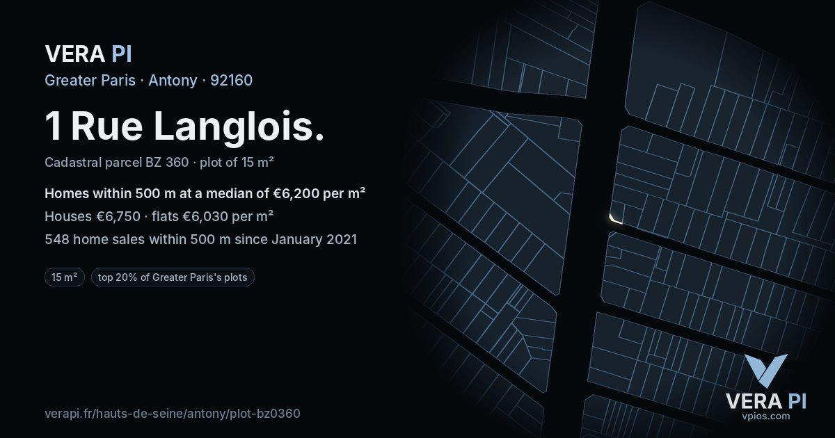1 Rue Langlois, Antony at night – the plot lit, the parcels around coloured by the prices near them