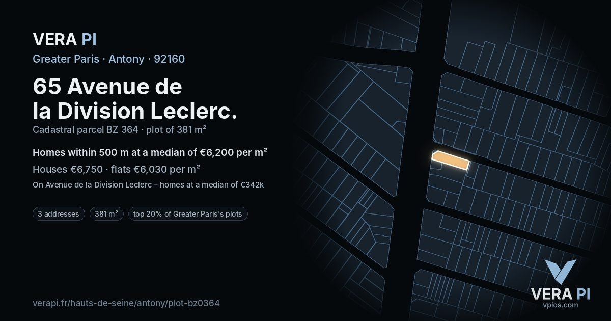 65 Avenue de la Division Leclerc, Antony at night – the plot lit, the parcels around coloured by the prices near them