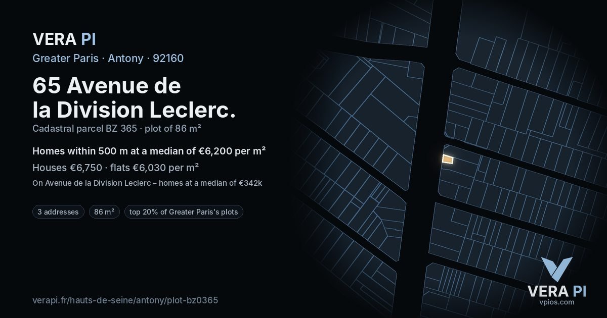 65 Avenue de la Division Leclerc, Antony at night – the plot lit, the parcels around coloured by the prices near them