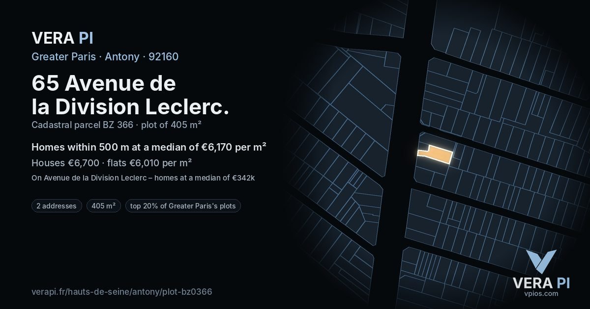 65 Avenue de la Division Leclerc, Antony at night – the plot lit, the parcels around coloured by the prices near them