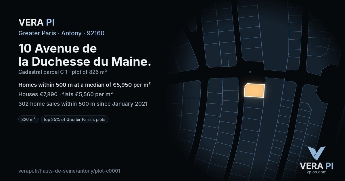 10 Avenue de la Duchesse du Maine, Antony at night – the plot lit, the parcels around coloured by the prices near them