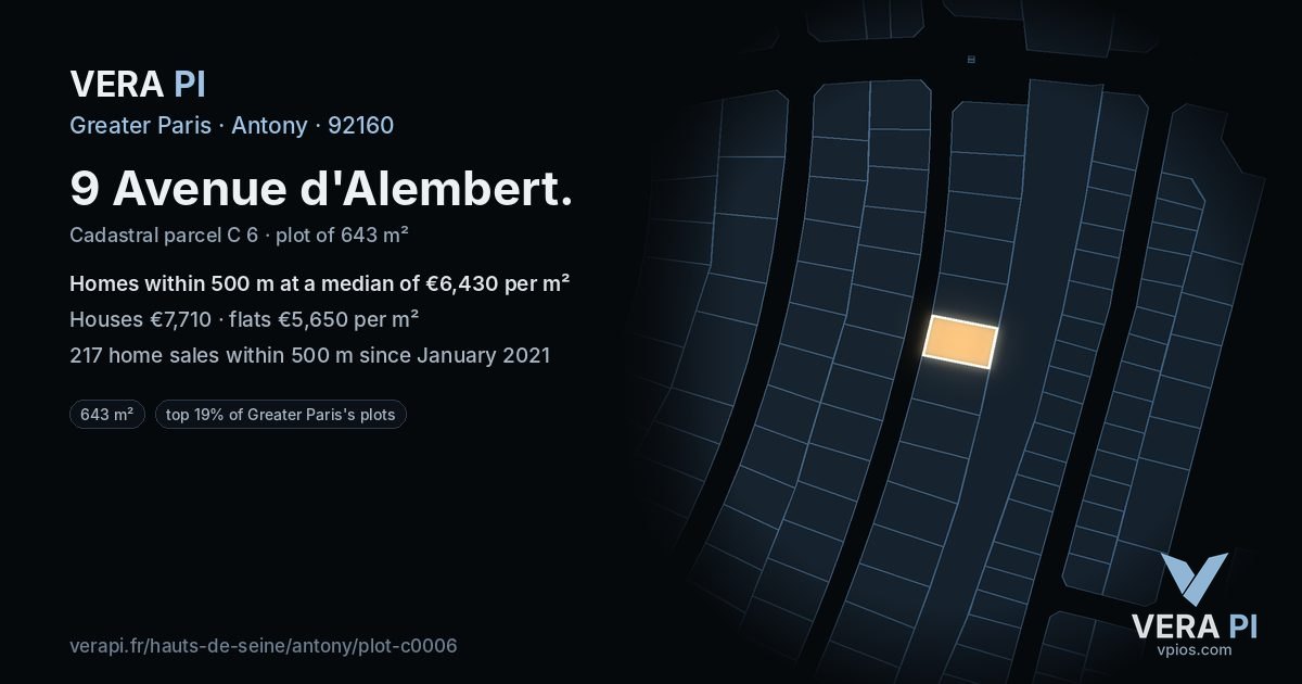 9 Avenue d'Alembert, Antony at night – the plot lit, the parcels around coloured by the prices near them