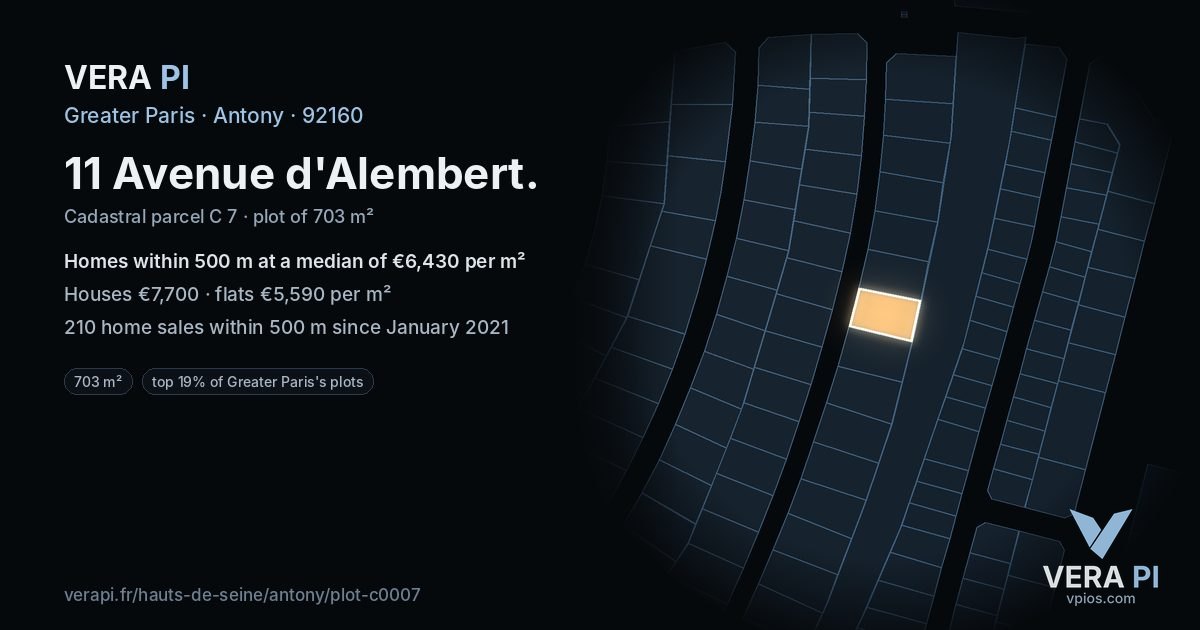 11 Avenue d'Alembert, Antony at night – the plot lit, the parcels around coloured by the prices near them