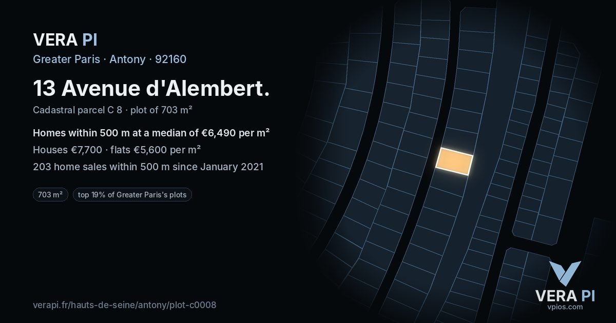 13 Avenue d'Alembert, Antony at night – the plot lit, the parcels around coloured by the prices near them