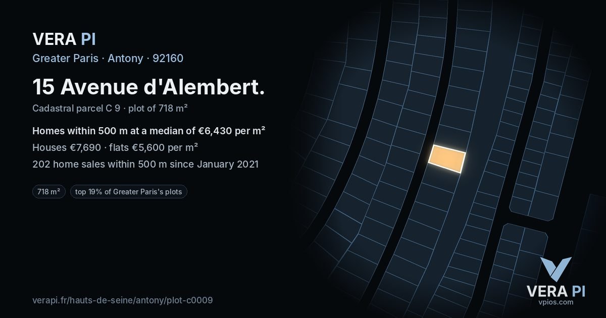 15 Avenue d'Alembert, Antony at night – the plot lit, the parcels around coloured by the prices near them