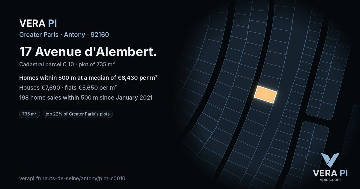 17 Avenue d'Alembert, Antony at night – the plot lit, the parcels around coloured by the prices near them