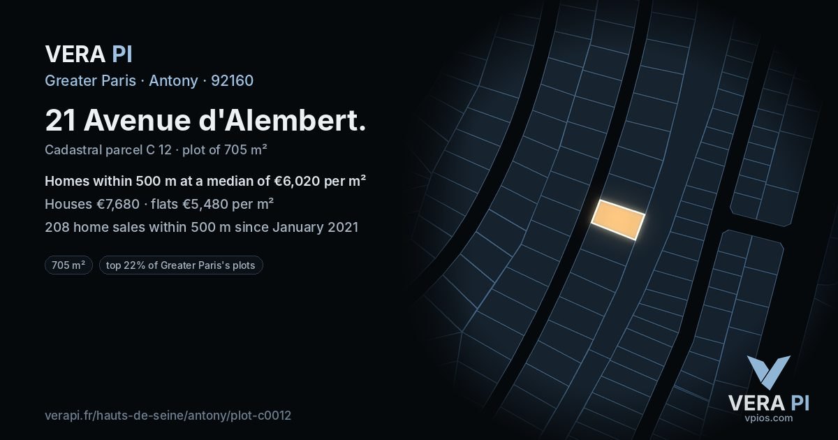 21 Avenue d'Alembert, Antony at night – the plot lit, the parcels around coloured by the prices near them