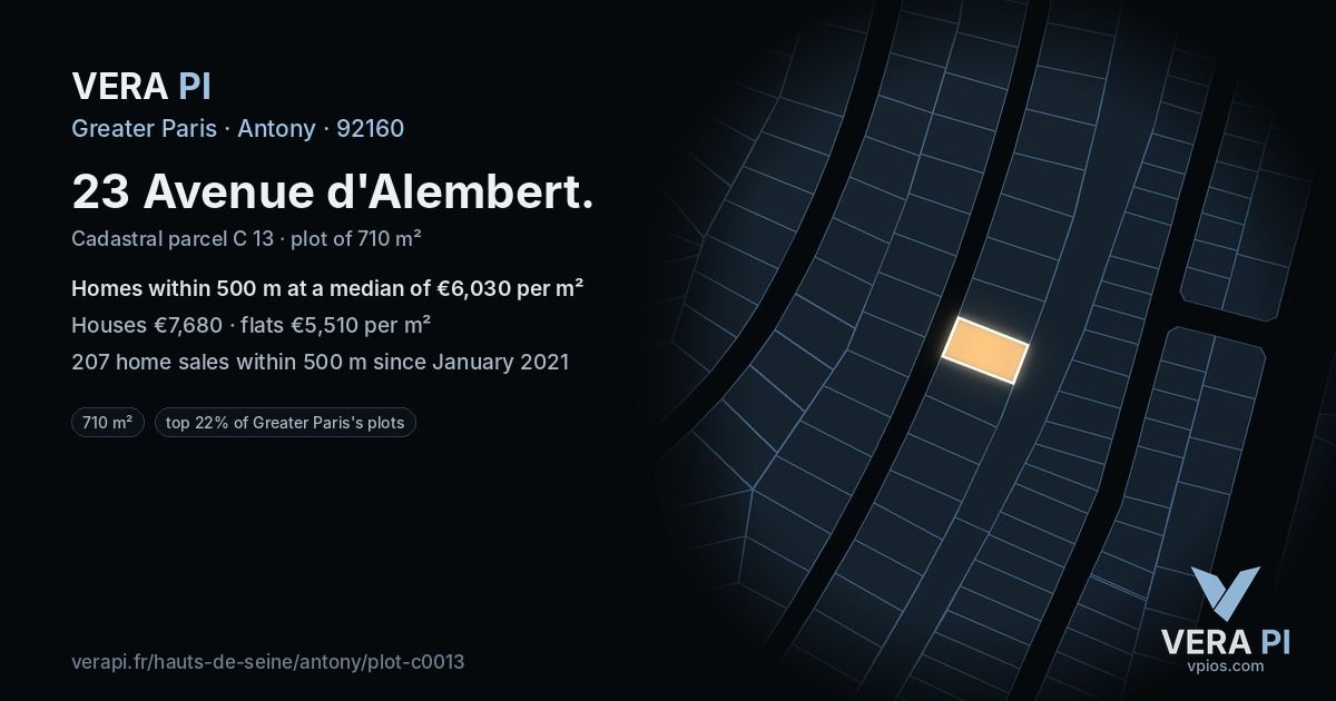 23 Avenue d'Alembert, Antony at night – the plot lit, the parcels around coloured by the prices near them