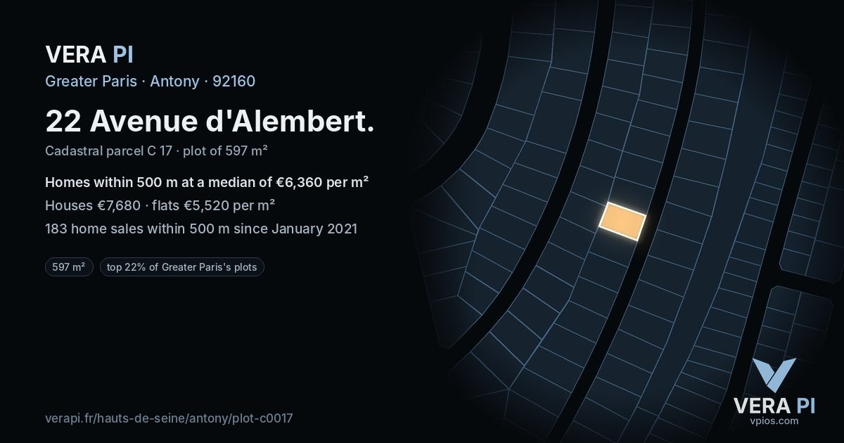 22 Avenue d'Alembert, Antony at night – the plot lit, the parcels around coloured by the prices near them