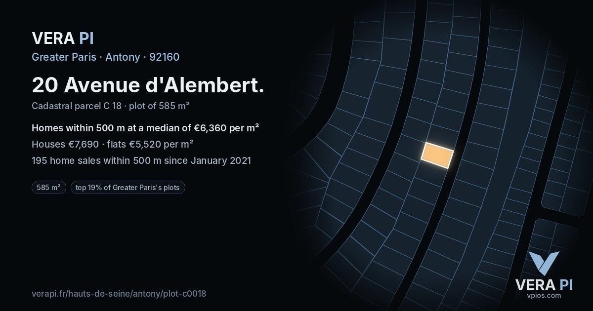 20 Avenue d'Alembert, Antony at night – the plot lit, the parcels around coloured by the prices near them