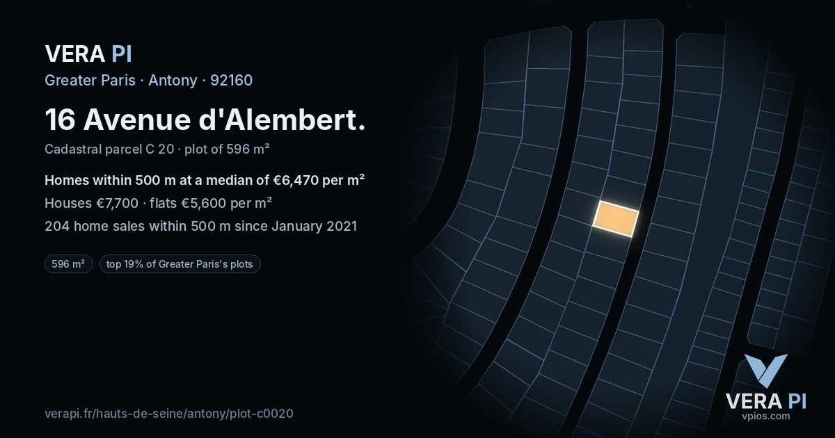 16 Avenue d'Alembert, Antony at night – the plot lit, the parcels around coloured by the prices near them